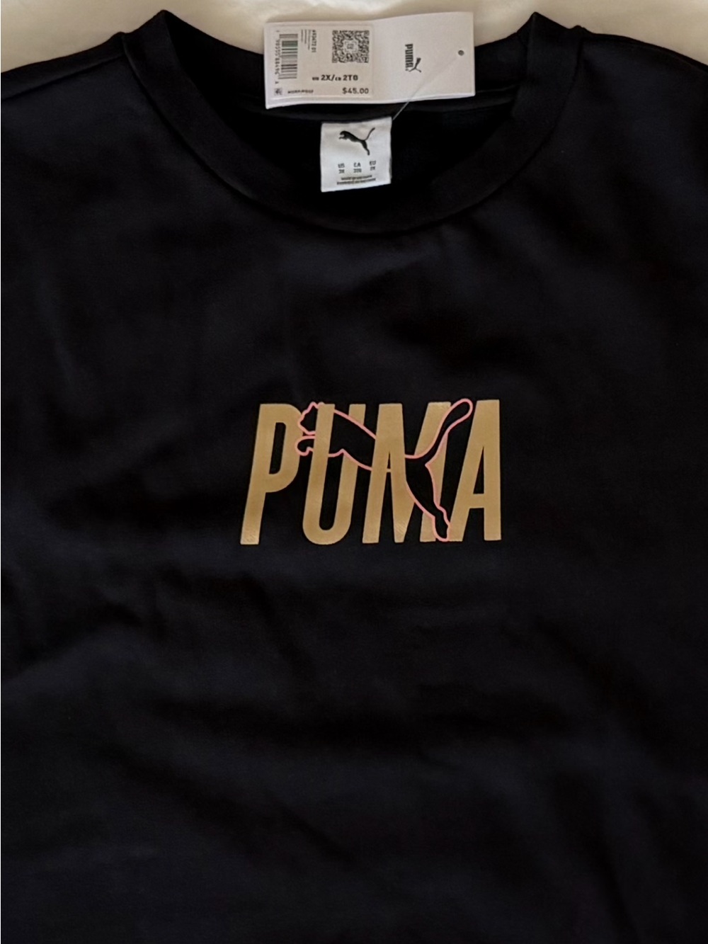 Puma Women’s Black Crewneck Sweatshirt with Gold & Pink Logo Print Size 2X